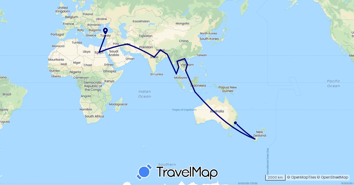 TravelMap itinerary: driving in Australia, Bangladesh, Egypt, Indonesia, India, Nepal, New Zealand, Thailand, Turkey, Vietnam (Africa, Asia, Oceania)